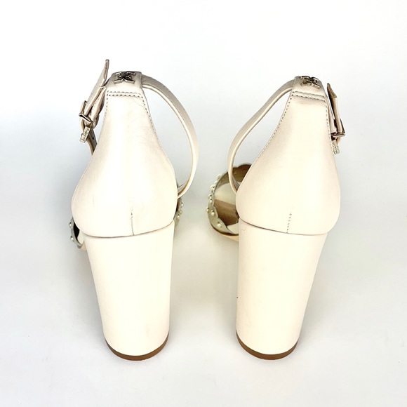 SAM EDELMAN | 👡Cream Leather Pearls Beaded Block Heel Shoes - Picture 5 of 10